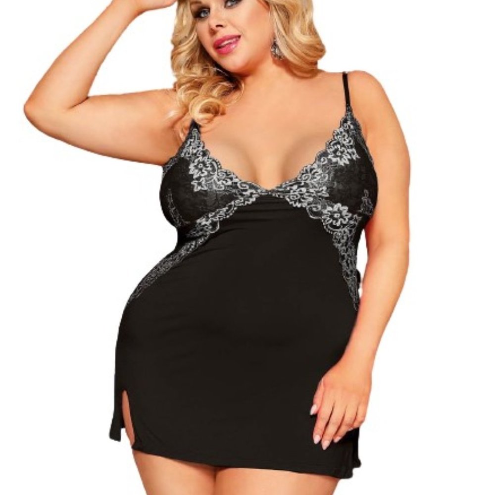 Black Lingerie w/ Thong Nightdress Sleepwear Nightie Fits Size XL-2XL NWT